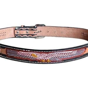 Hand Tooled Eagle Leather Belt Mens 38 Western Woven Cowboy Removable Buckle